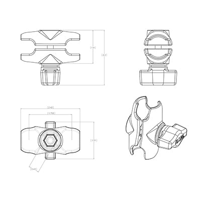 RAM Mounts B-201-A Kurz-Doppelgelenkarm – Aluminium, 61,4 mm – für RAM-B-231U, RAM-B-337U, RAP-B-378U und andere –