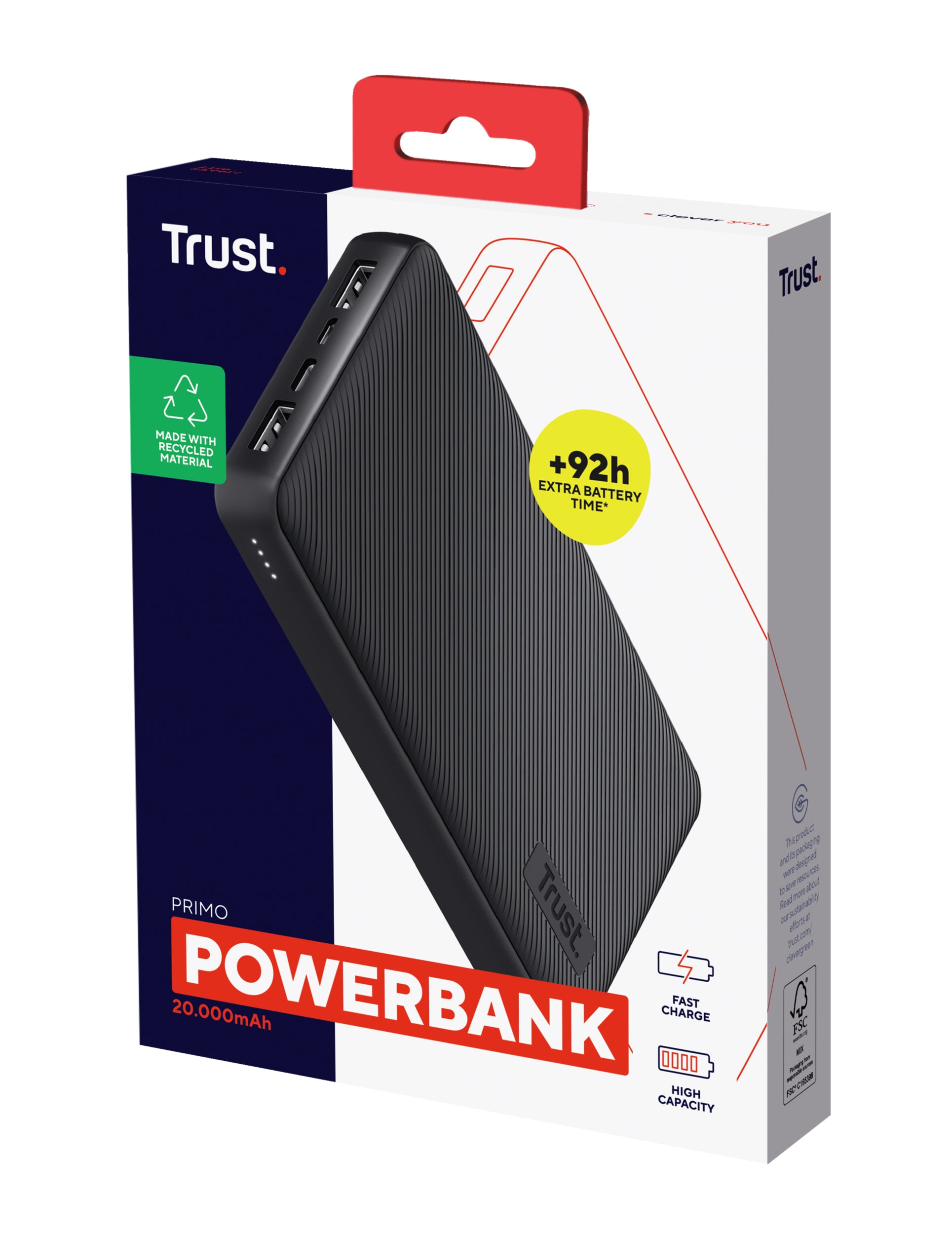 Trust Primo Powerbank 20'000 mAh – 15 W PD, 1× USB-C, 2× USB-A, schwarz
