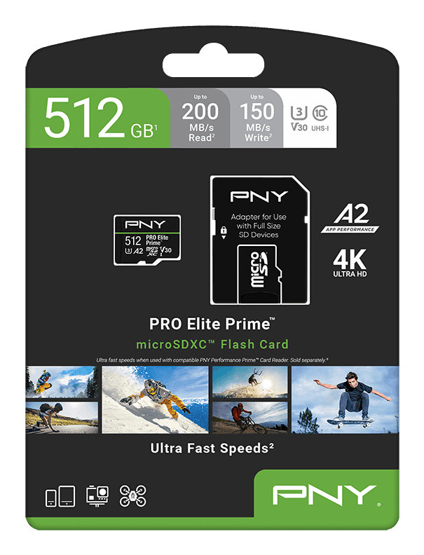 PNY PRO Elite Prime microSDXC 512 GB – UHS-I, Klasse 10, U3, V30, A2, 200/150 MB/s