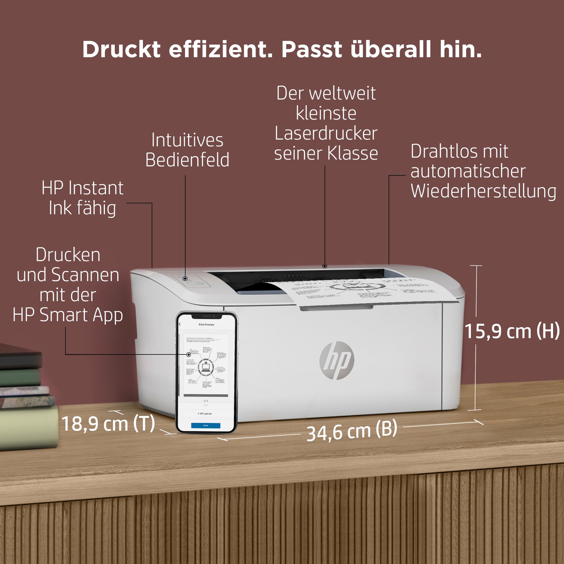 HP LaserJet M110w – A4, S/W, 20 S./Min., 600 × 600 dpi, WLAN/LAN/USB, Papier: 150 Blatt