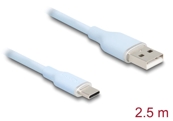 DeLOCK USB-A auf USB-C Kabel – USB 2.0 (480 Mbit/s) – 2,5 m – Silikon, Goldstecker – Blau