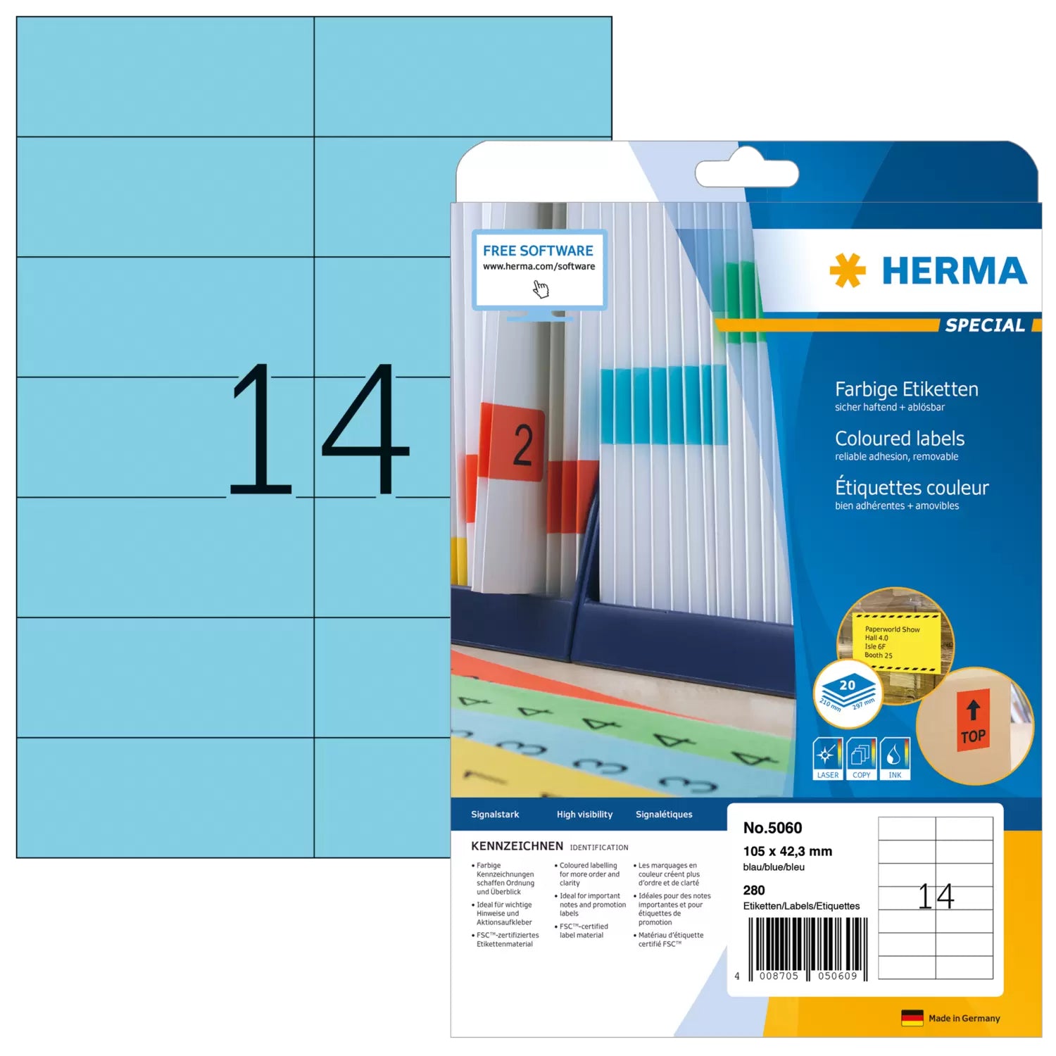 HERMA Druckeretiketten, 105 mm × 42 mm, blau, Papier, wiederablösbar, 20 Blätter (280 Etiketten)