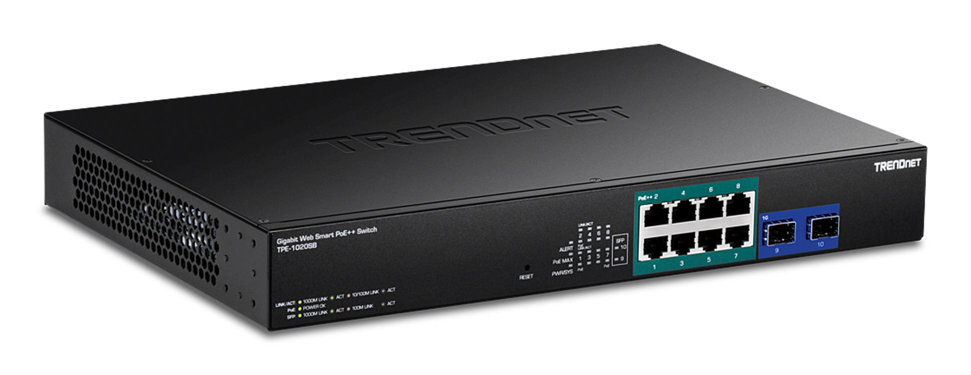 TRENDnet TPE-1020SB – Smart L2+ Switch – 8× 1G, 2× SFP, PoE++, PoE-Budget 180 W, 19", 1U