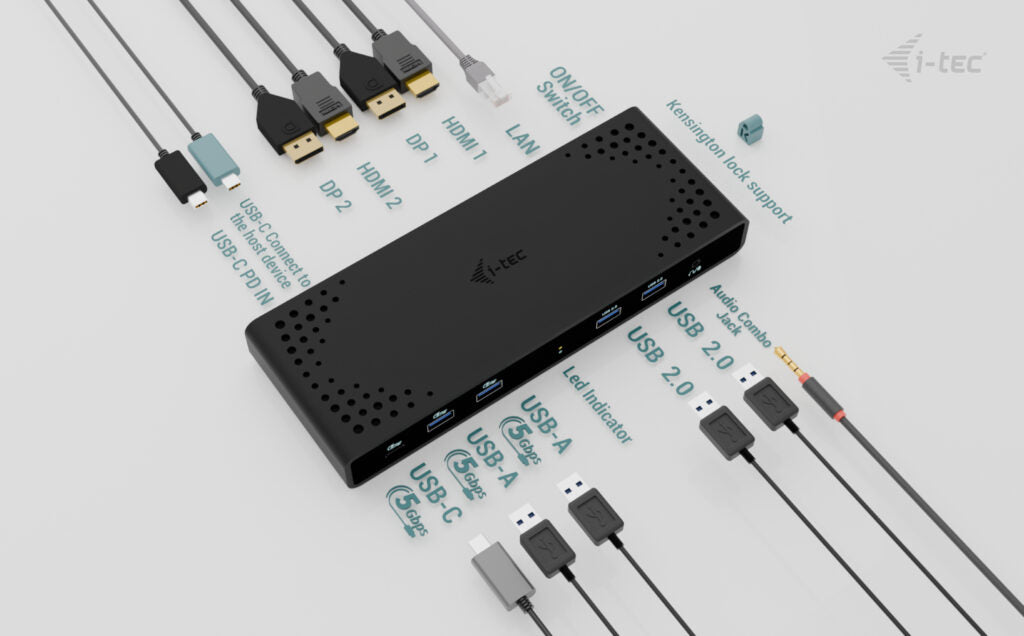 i-tec Uni Dual 4K Dockingstation – USB-C, 2× DP, 2× HDMI, 4× USB-A, 85 W PD, GbE, für Windows/Mac/ChromeOS