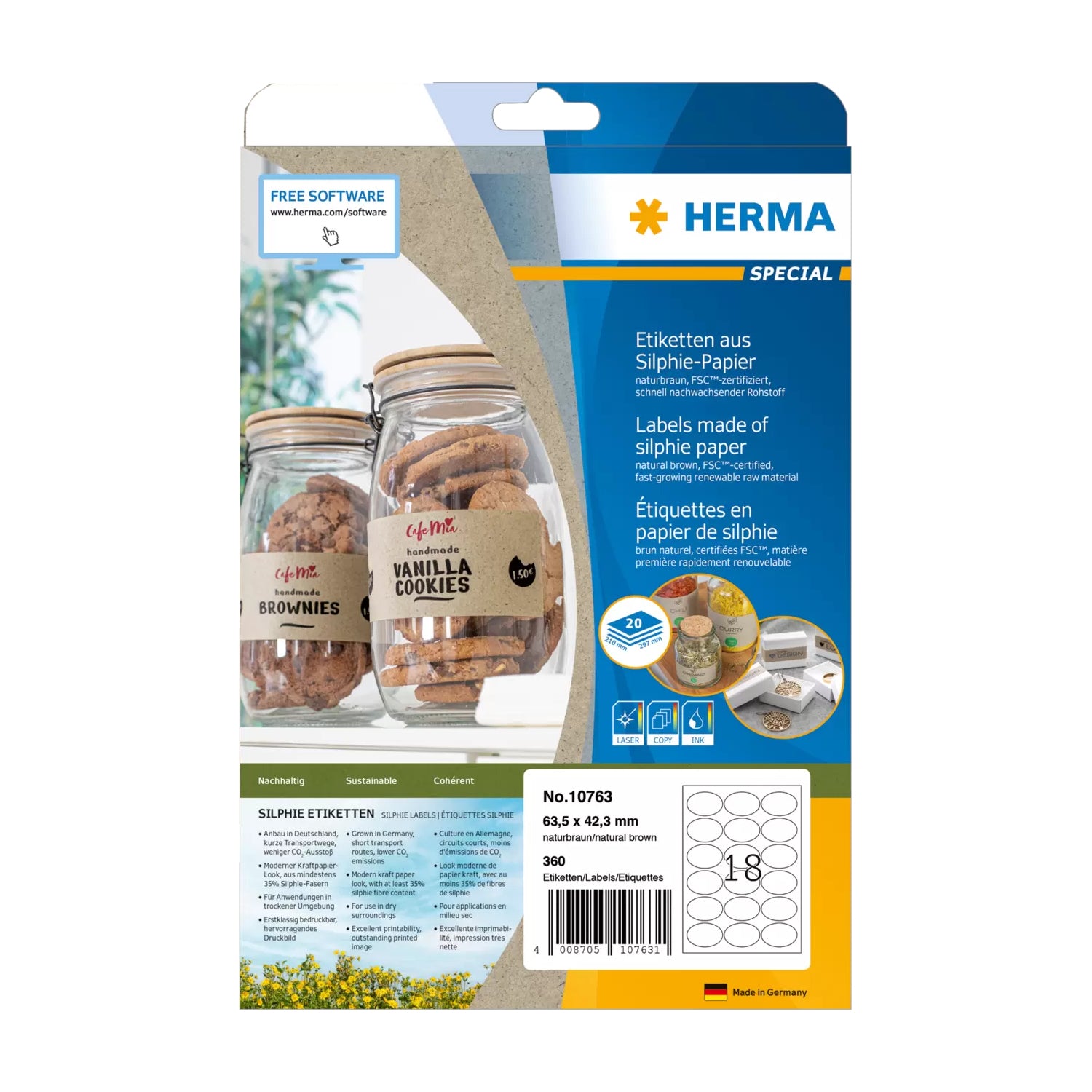 HERMA Drucketiketten, 64 mm × 42 mm, braun, Papier, permanent, 20 Blätter (360 Etiketten)