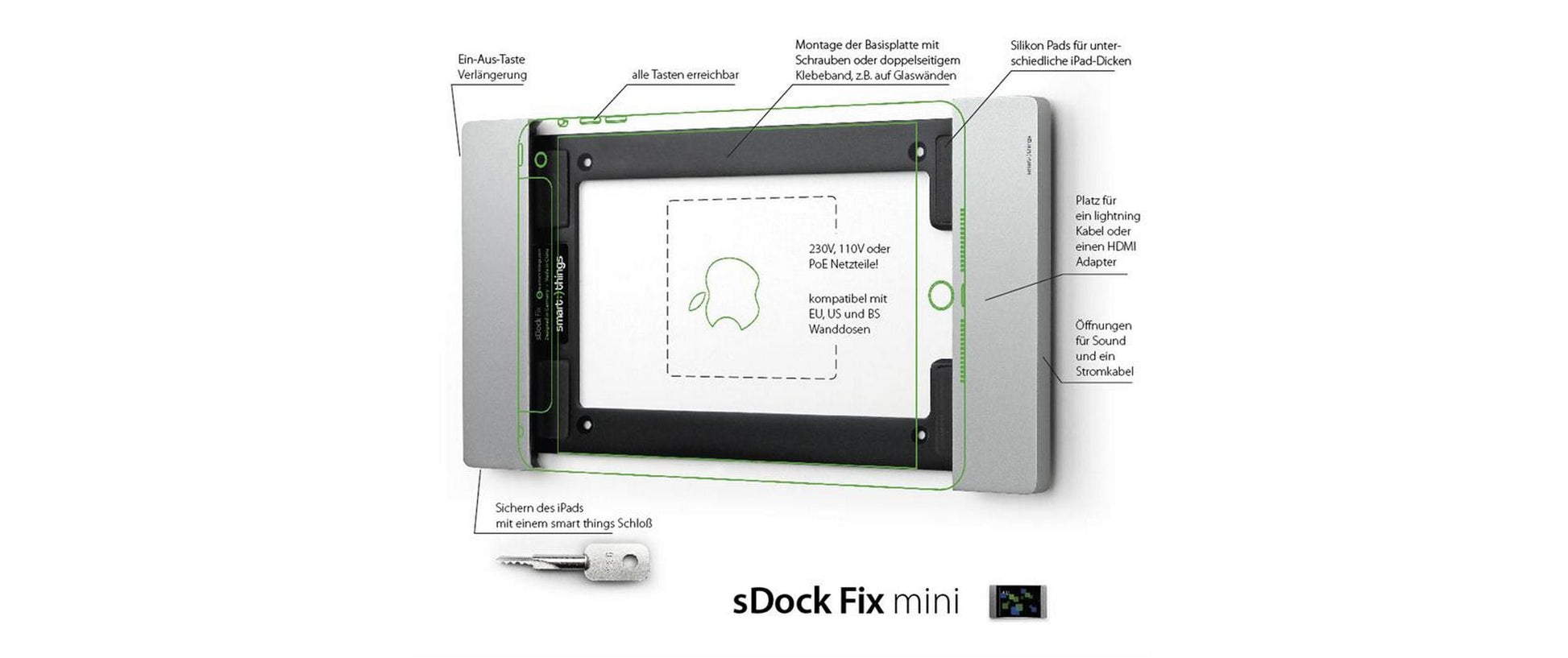 Smart Things Tablet-Wandhalterung – für iPad mini 8,3" (6. Gen.), abschliessbar, inkl. 2 Schlüssel – Silber