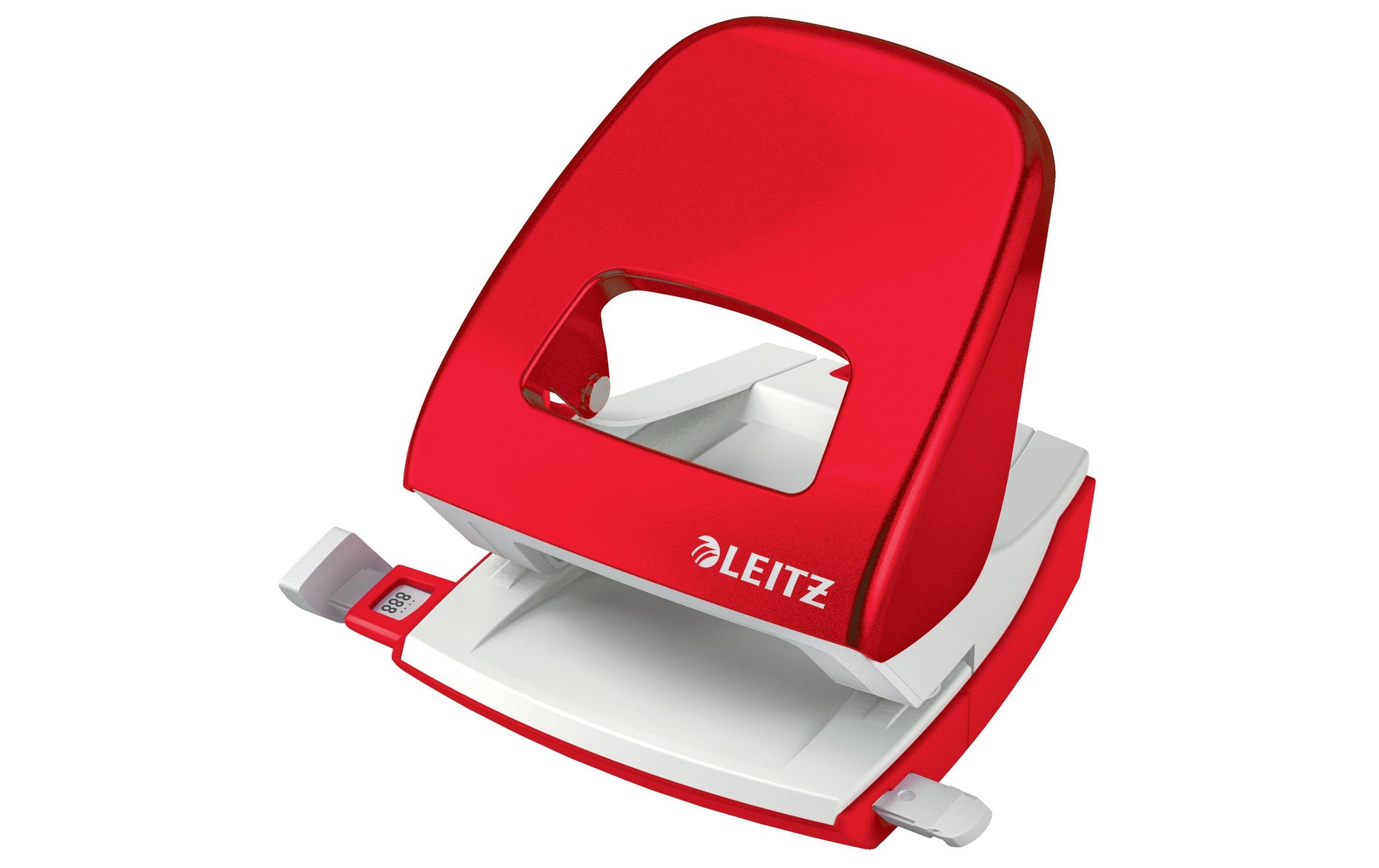 Leitz Bürolocher NeXXt WOW 5008 – 2-Loch, Lochabstand 80 mm, 30 Blatt, bis A4, Ø5,5 mm – Rot/Weiss – Metall