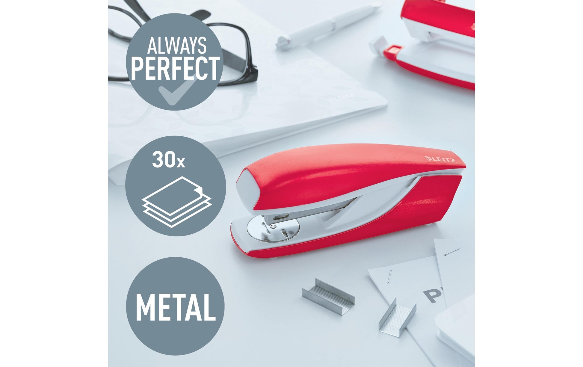 Leitz NeXXt WOW – Hefter, 30 Blatt, für 24/6, 26/6, integrierter Klammerentferner, Einlegetiefe 40 mm, rot glänzend