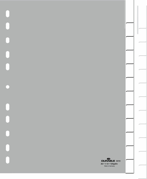 Durable Register A4 – blanko, 12 Taben, PP, grau, Vollformat, hoch, Universallochung, umschweisste Taben
