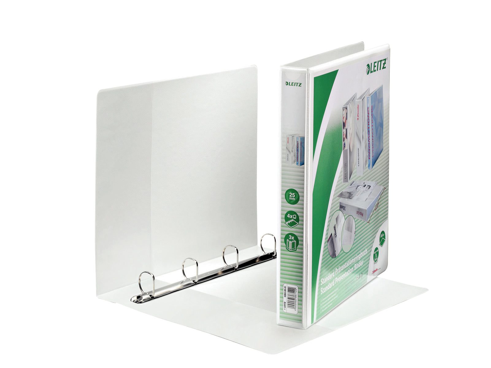 Leitz Präsentationsringbuch – 4-Ring Ø 25 mm – für A4 – Rückenbreite 4,3 cm – 3 Aussentaschen – weiss
