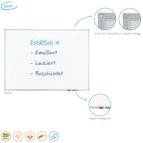 Franken Whiteboard – 180 × 120 cm, lackierter Stahl, magnetisch, Aluminiumrahmen, Wandmontage
