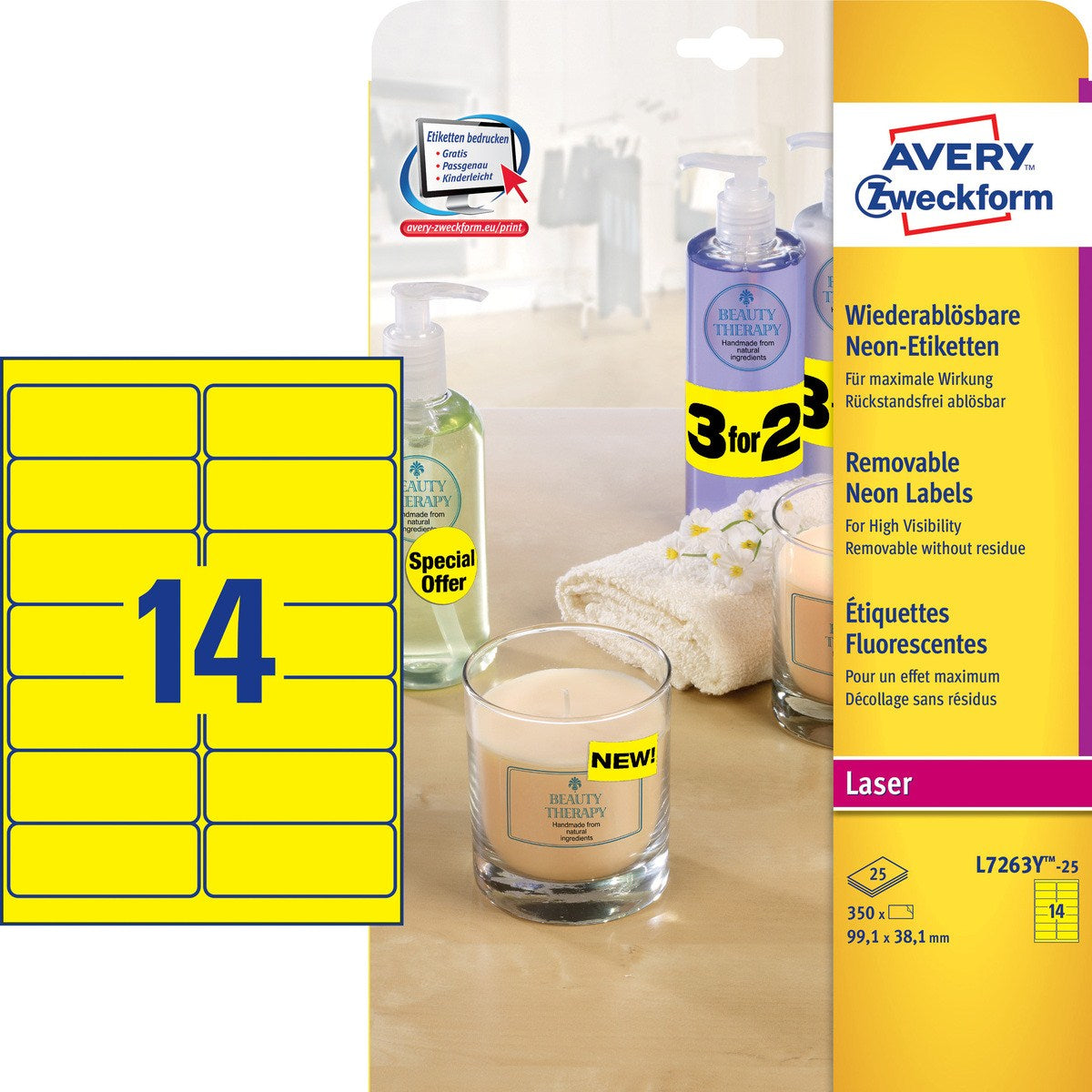 Avery Zweckform – Druckeretiketten, 99 mm × 38 mm, Gelb, Papier, Ablösbar, 350 Stück (25 Blätter)