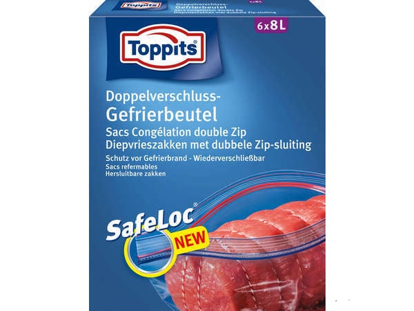 Toppits Gefrierbeutel 8 l, 30 × 38 × 38 cm, Polyethylen (PE), 6 Stk., mit Standboden