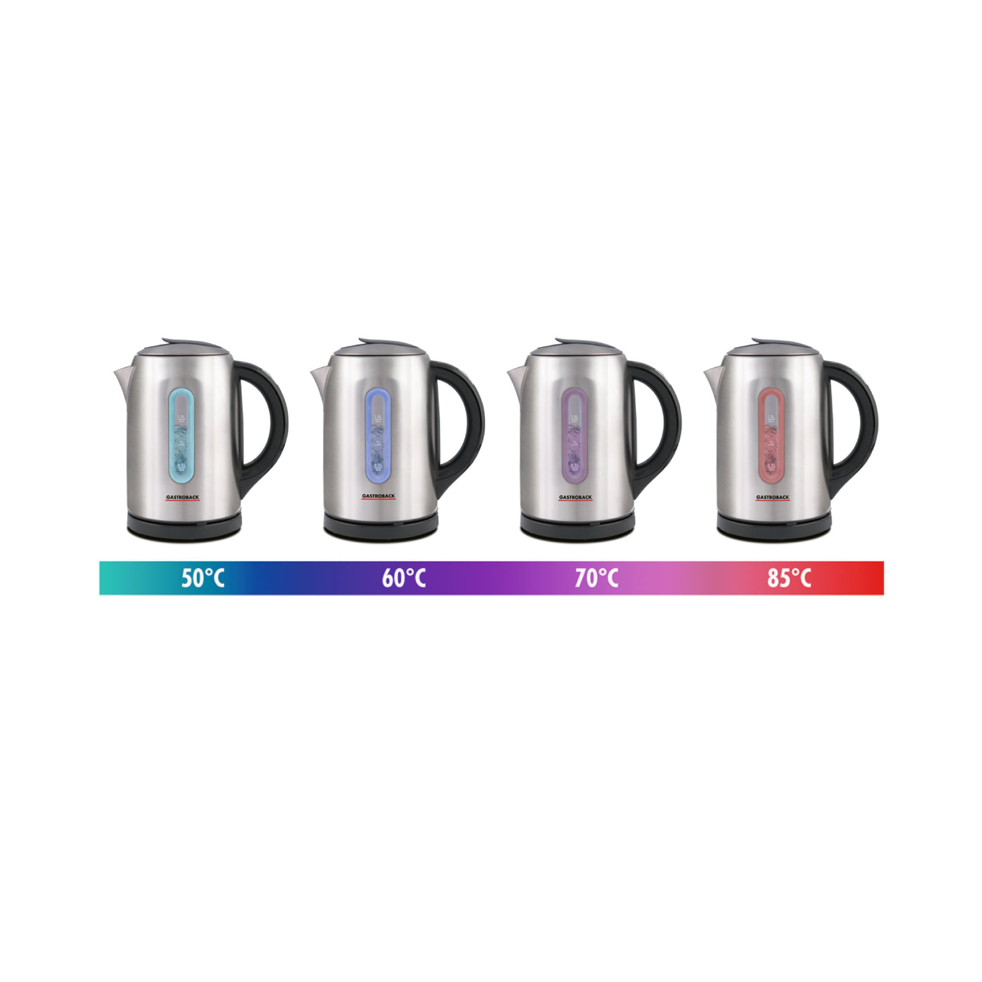 Gastroback Wasserkocher Colour Vision Pro – Temperaturwahl (5 Stufen), Warmhalten (30 Min), 2400 W, 360°-Sockel