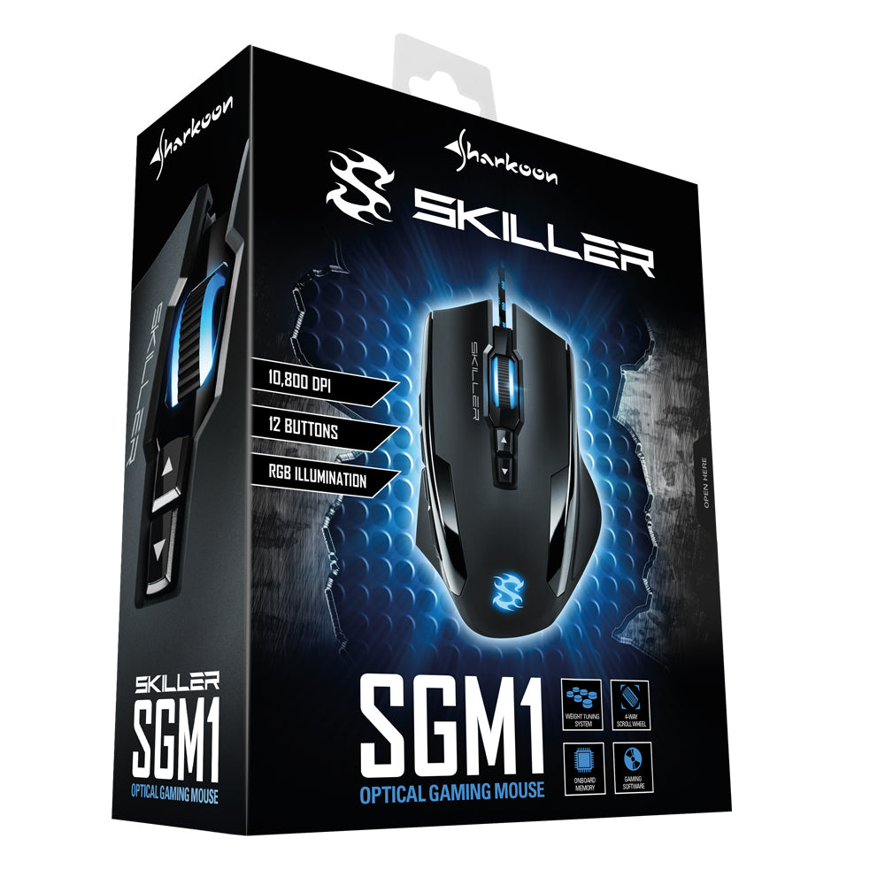 Sharkoon SKILLER SGM1 – Gaming-Maus – Kabelgebunden (USB-A), 10800 DPI, RGB-Beleuchtung, Rechts, Schwarz