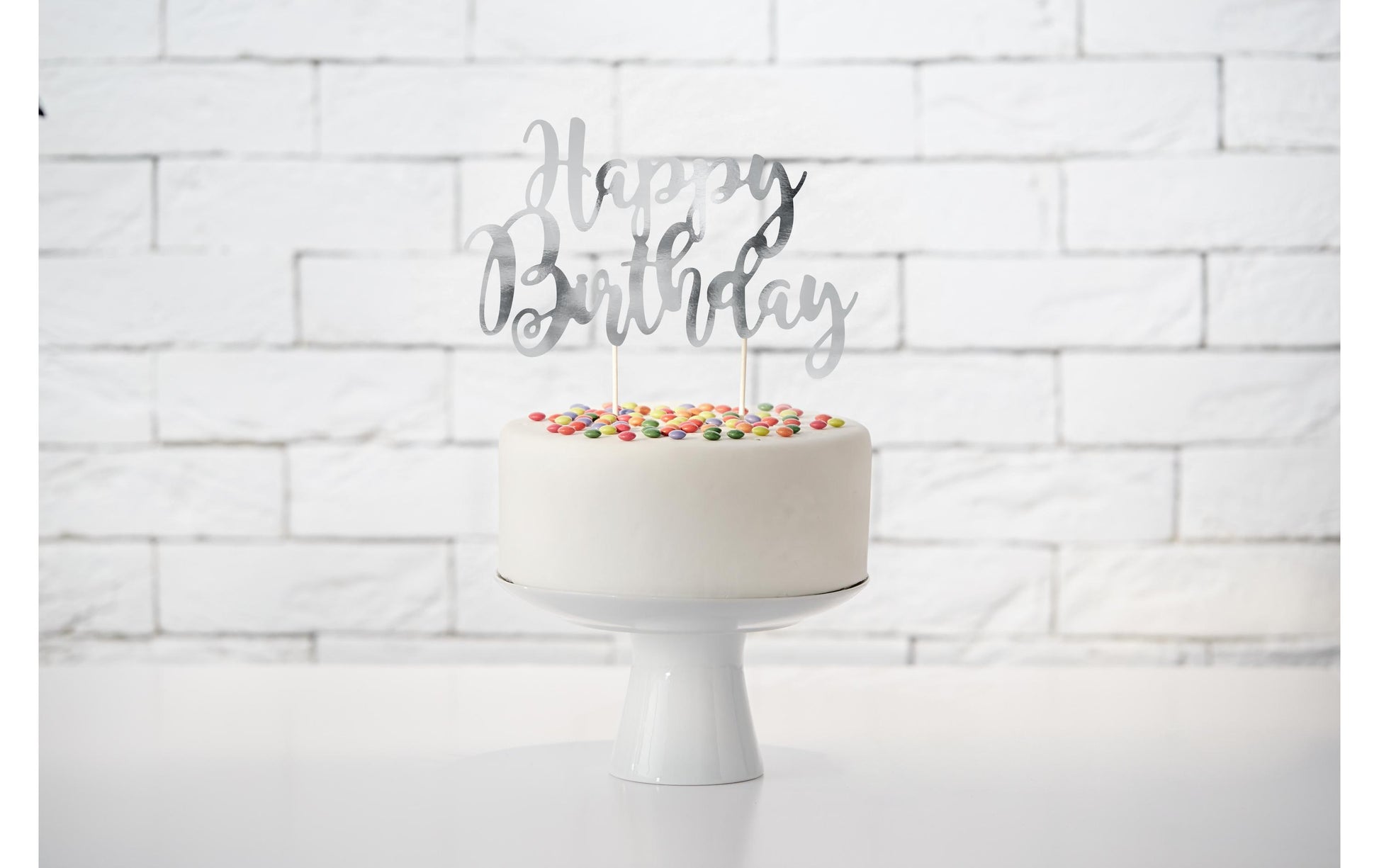 PartyDeco Kuchentopper Happy Birthday – silber – Höhe 22,5 cm – Papier – 1 Stk