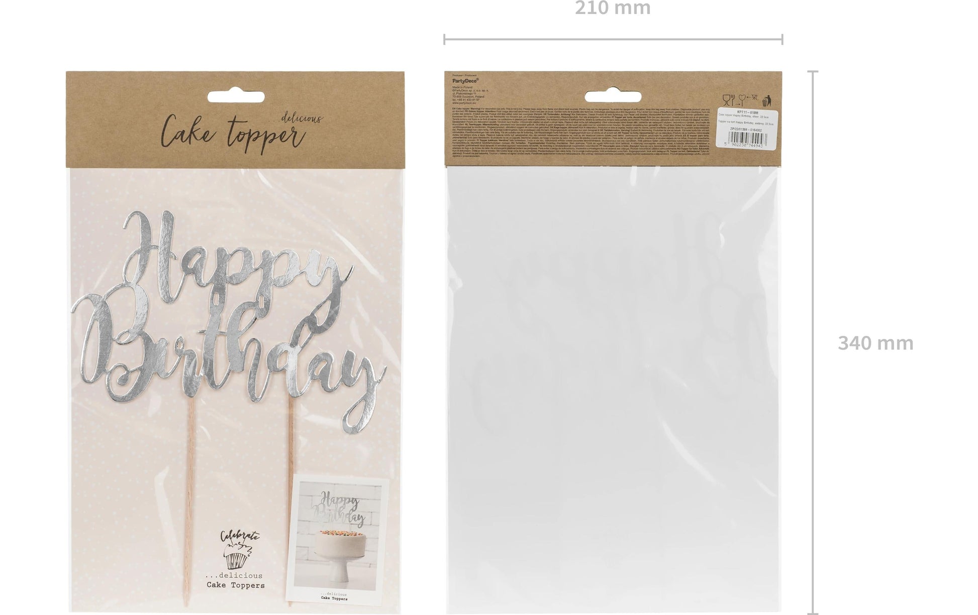PartyDeco Kuchentopper Happy Birthday – silber – Höhe 22,5 cm – Papier – 1 Stk