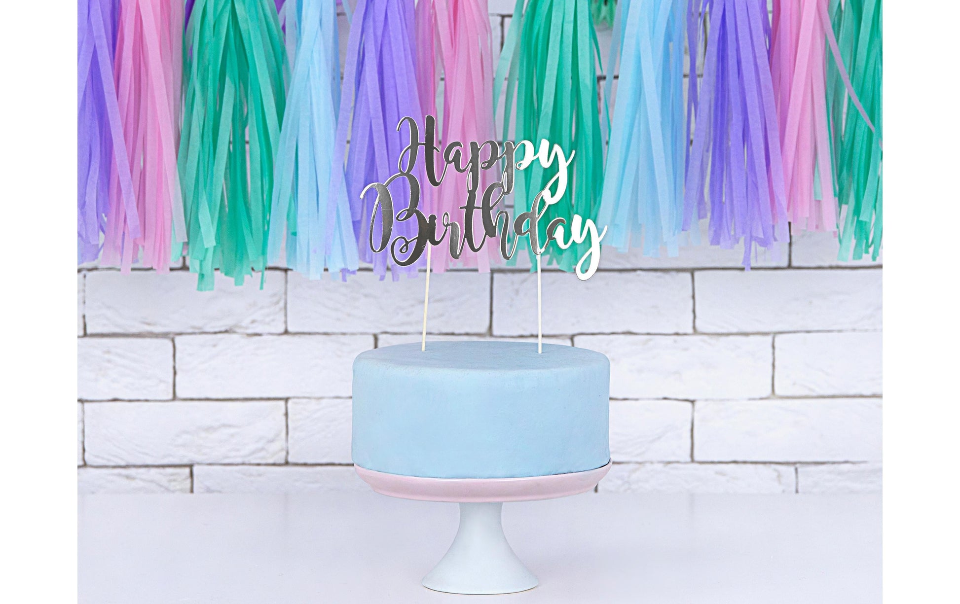 PartyDeco Kuchentopper Happy Birthday – silber – Höhe 22,5 cm – Papier – 1 Stk