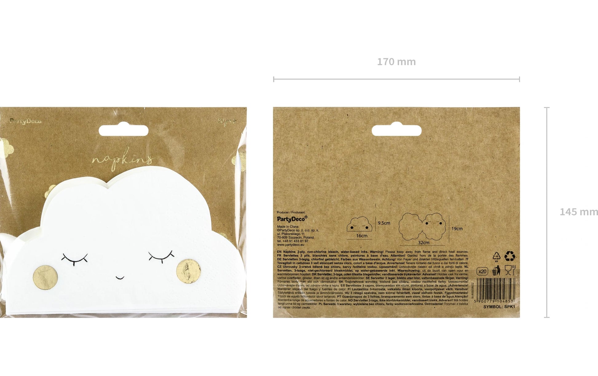 PartyDeco Servietten Wolke, Papier, 16 × 9,5 cm – 20 Stk.