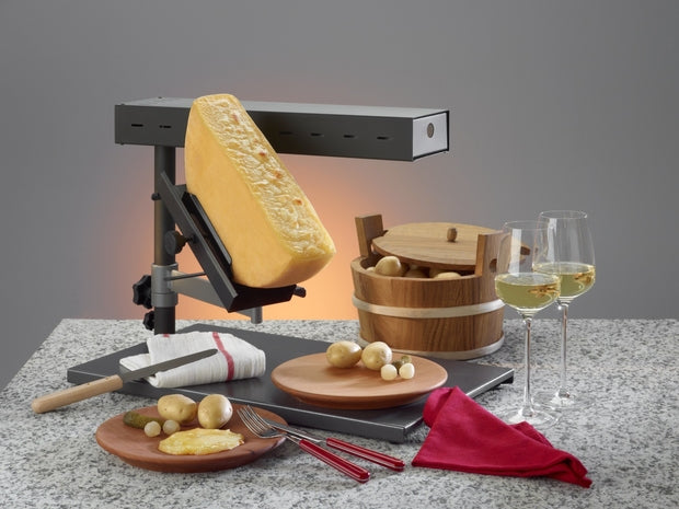 TTM Raclette-Gerät POP – 1 Käsehälfte, kippbar, 1000 W, 55×29 cm – Grau/Edelstahl