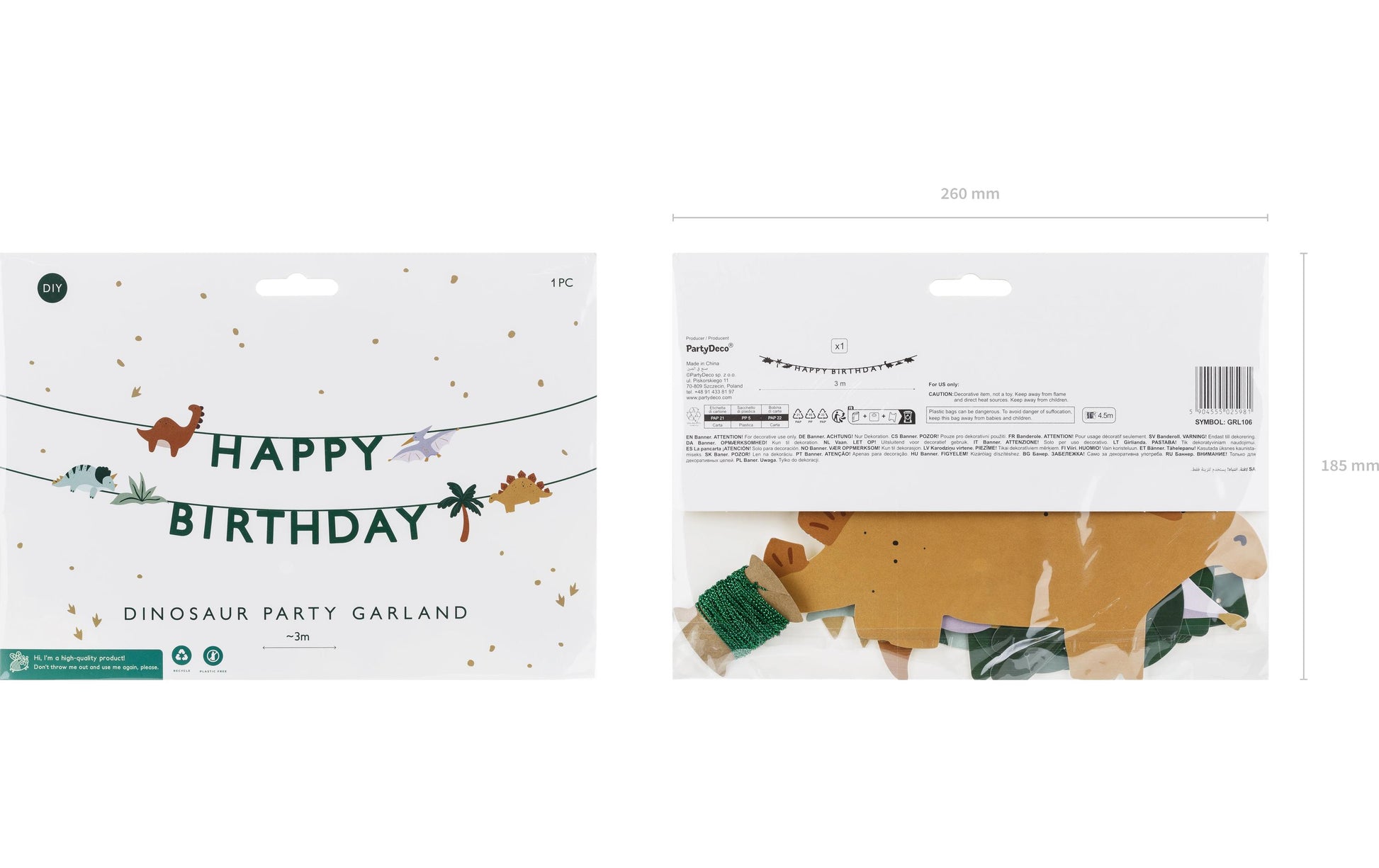 PartyDeco Girlande Happy Birthday Dino – mehrfarbig – 450 × 10 cm – Papier – 1 Stk