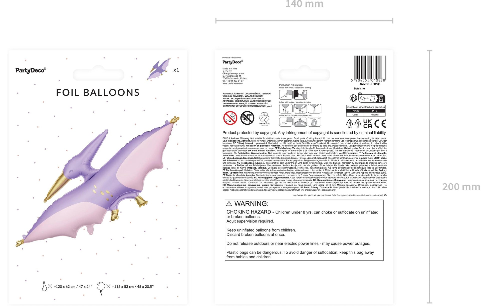 PartyDeco Folienballon Pterodaktylus – Violett – 120 × 62 cm – Folie – 1 Stk