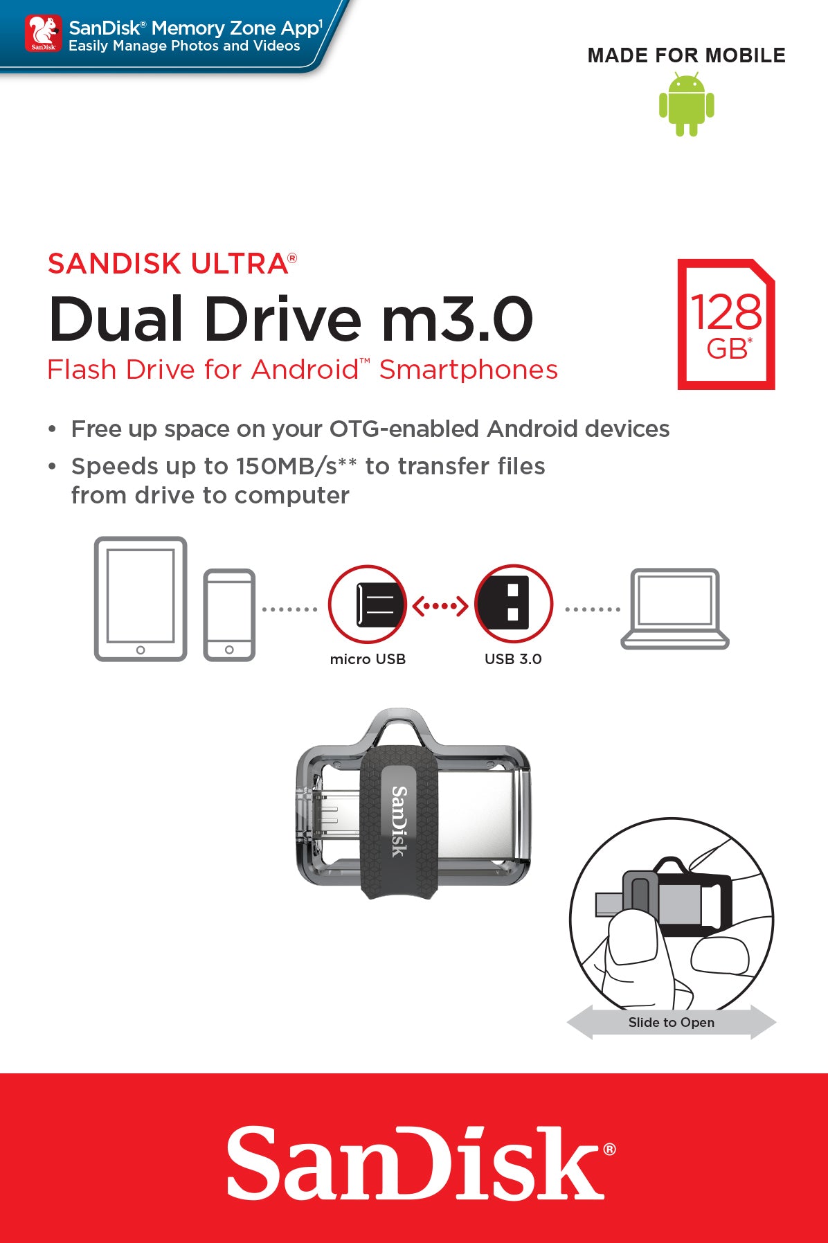 SanDisk Ultra Dual Drive m3.0 USB-Stick – 128 GB, USB 3.0, Dual-Connector