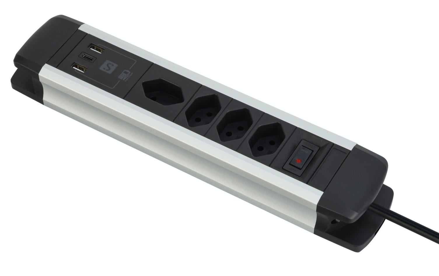 M. Schönenberger Schönenberger Alu-Office-Line Tischsteckdosenleiste, 4×T13, 2×USB-A + 1×USB-C, mit Schalter, 2 m – Schwarz