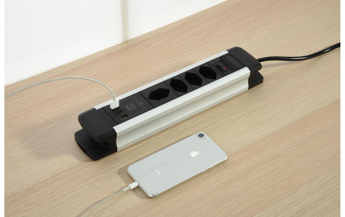 M. Schönenberger Schönenberger Alu-Office-Line Tischsteckdosenleiste, 4×T13, 2×USB-A + 1×USB-C, mit Schalter, 2 m – Schwarz