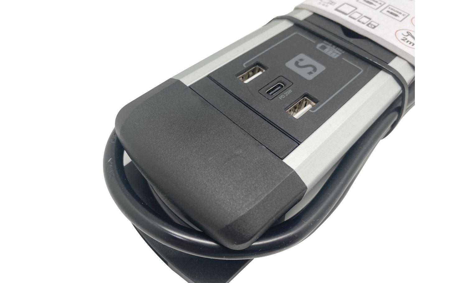 M. Schönenberger Schönenberger Alu-Office-Line Tischsteckdosenleiste, 4×T13, 2×USB-A + 1×USB-C, mit Schalter, 2 m – Schwarz