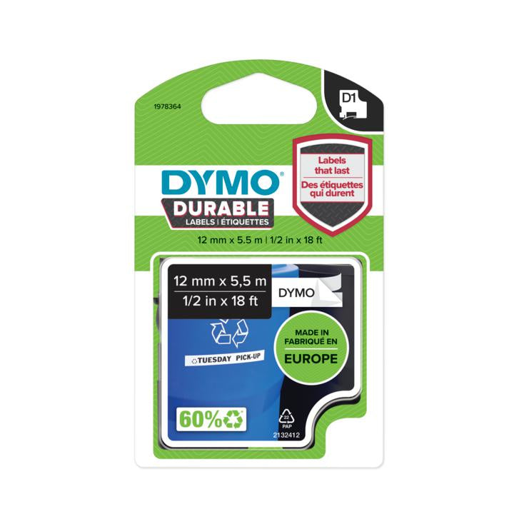 DYMO Schriftband – 12 mm × 5,5 m, weiss, schwarz – für LabelManager 160, 210D, 220 und andere