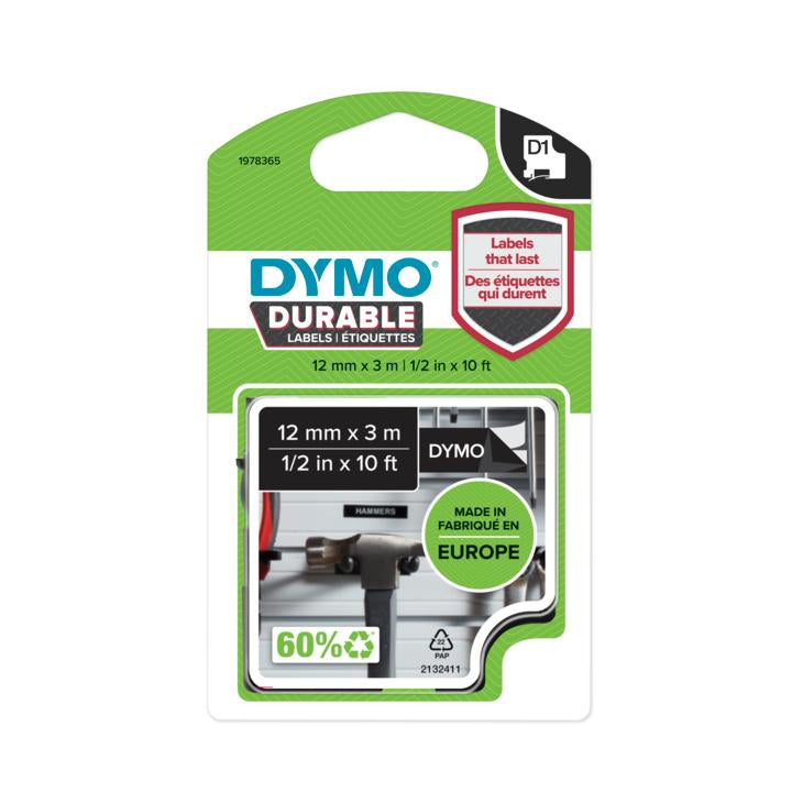 DYMO Schriftband – 12 mm × 3 m, schwarz, weiss – für LabelManager: 160, 210D, 220 und andere