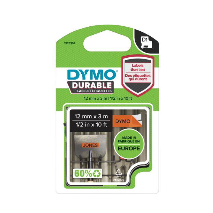 DYMO Schriftband – 12 mm × 3 m, orange, schwarz – für DYMO LabelManager: 160, 210D, 220 und weitere
