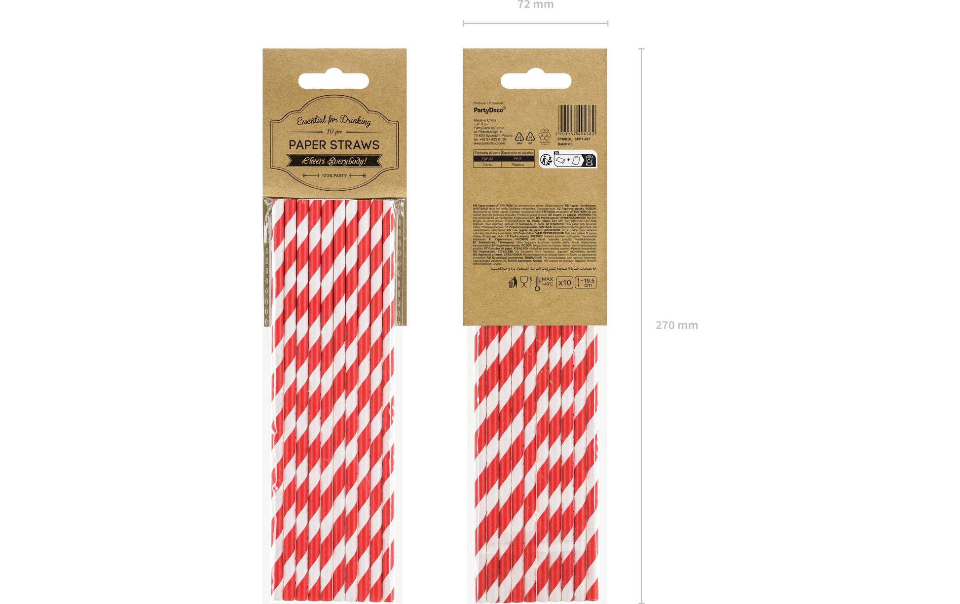 PartyDeco Papierstrohhalme, gestreift, 19,5 cm, rot/weiss – 10 Stk.