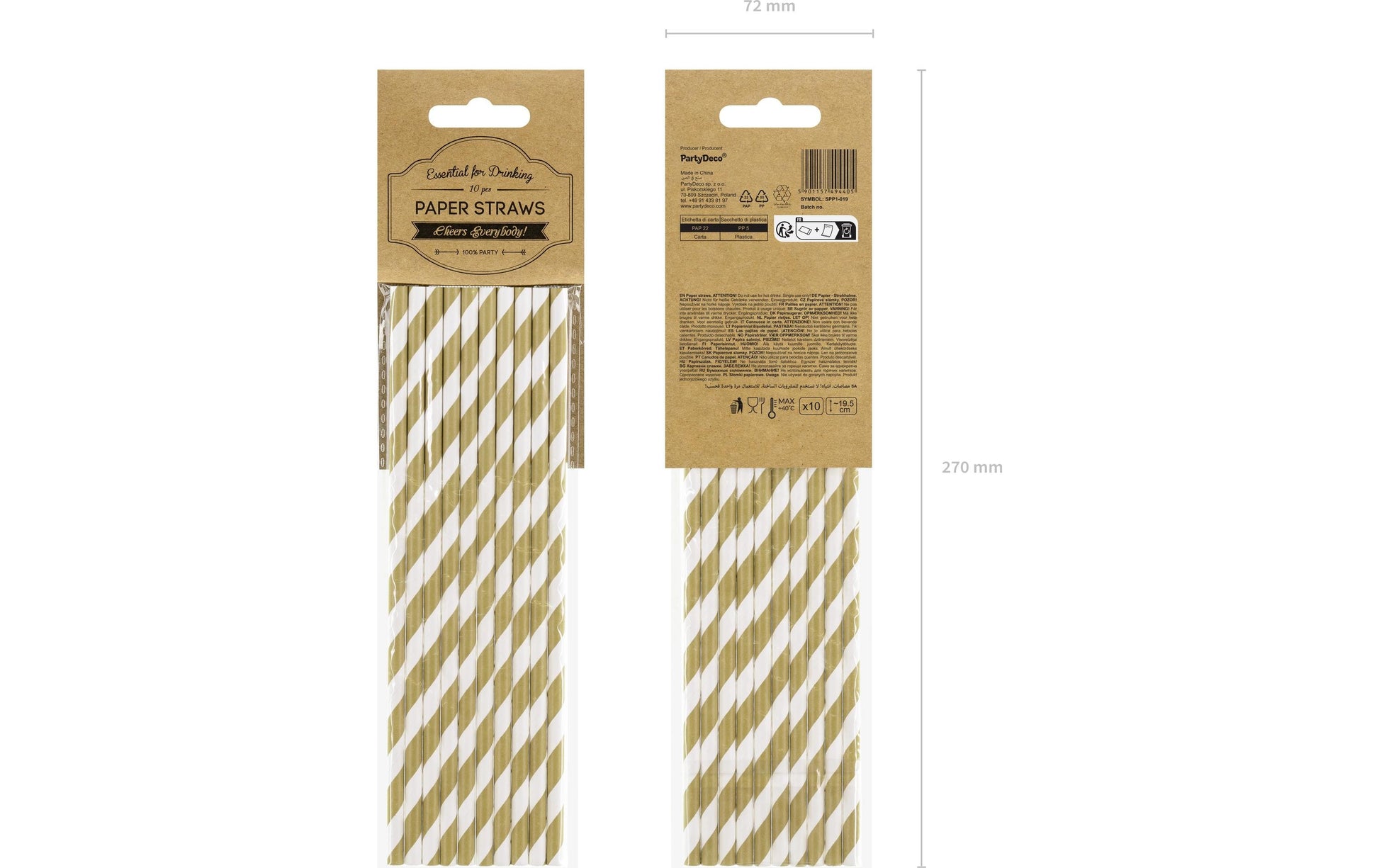 PartyDeco Papierstrohhalme, gestreift, 19,5 cm, weiss/gold – 10 Stk.