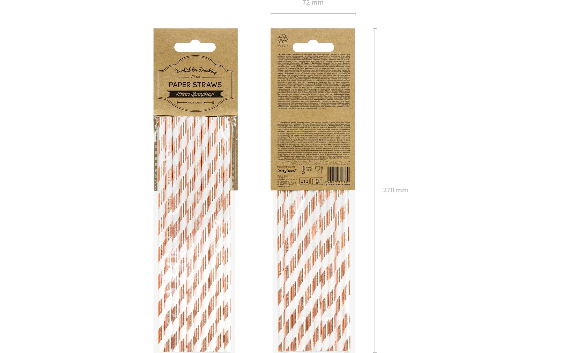 PartyDeco Papierstrohhalme, 19,5 cm, Roségold/Weiss – 10 Stk.
