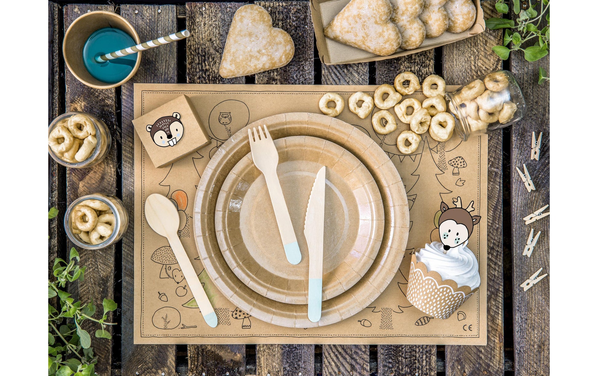 PartyDeco Besteck-Set 3-teilig, Holz (Birke) – 16 cm, Blau – 18 Stk.