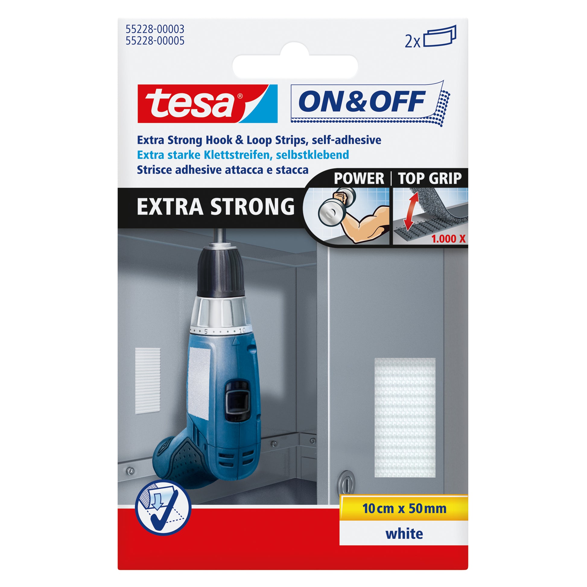 TESA Klettstreifen on&off – extra stark, 50 mm × 0,1 m, weiss, 2 Stück