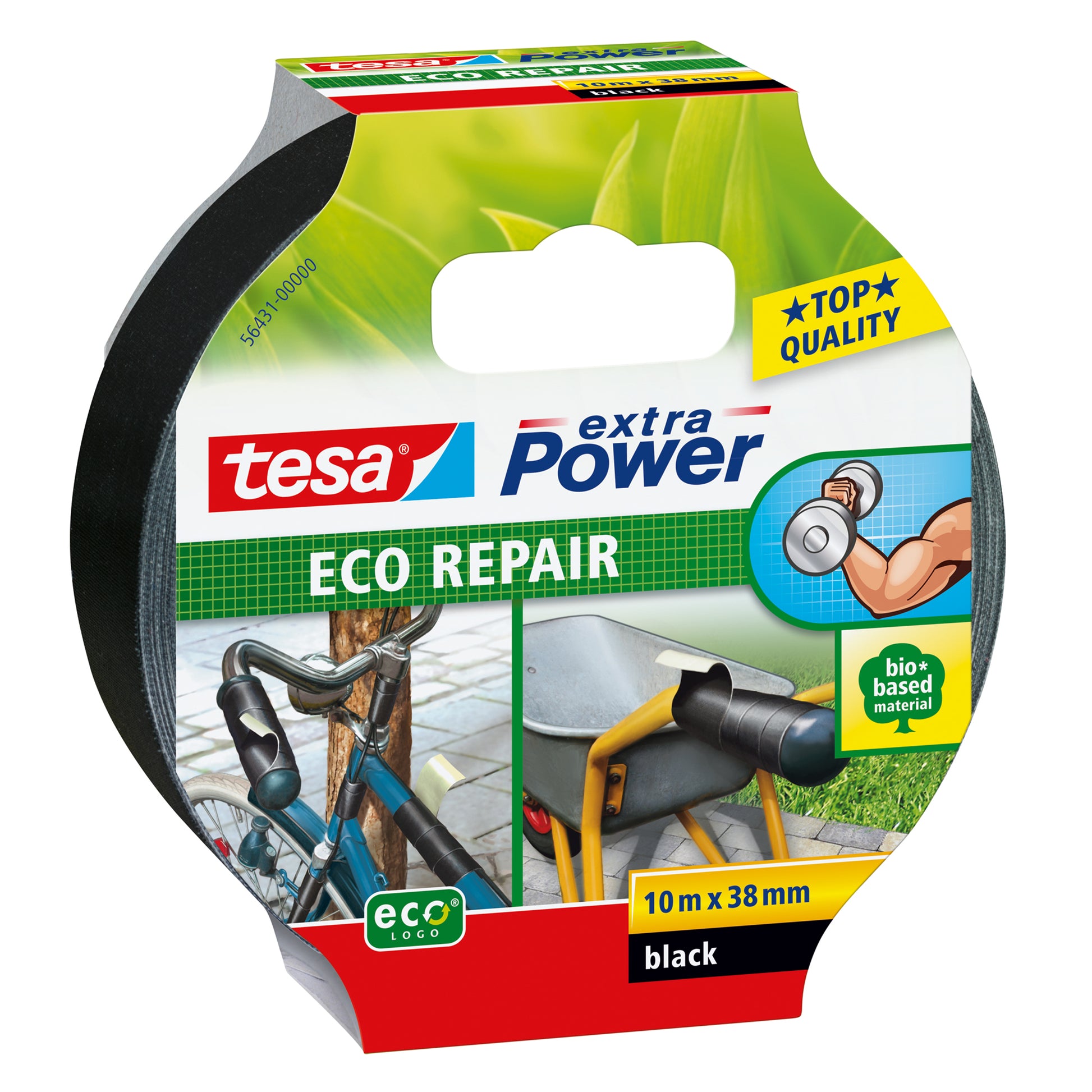 tesa Gewebeband extra Power Eco Repair – 38 mm × 10 m, schwarz, extra stark, eco:plus