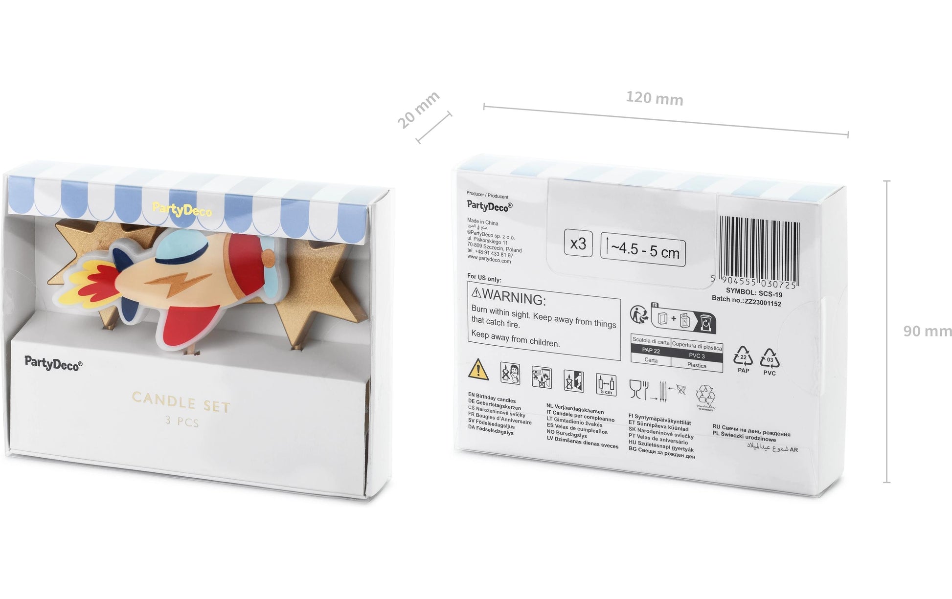 PartyDeco Geburtstagskerzen Flugzeug – mehrfarbig – 4,5–5 cm – 3 Stk