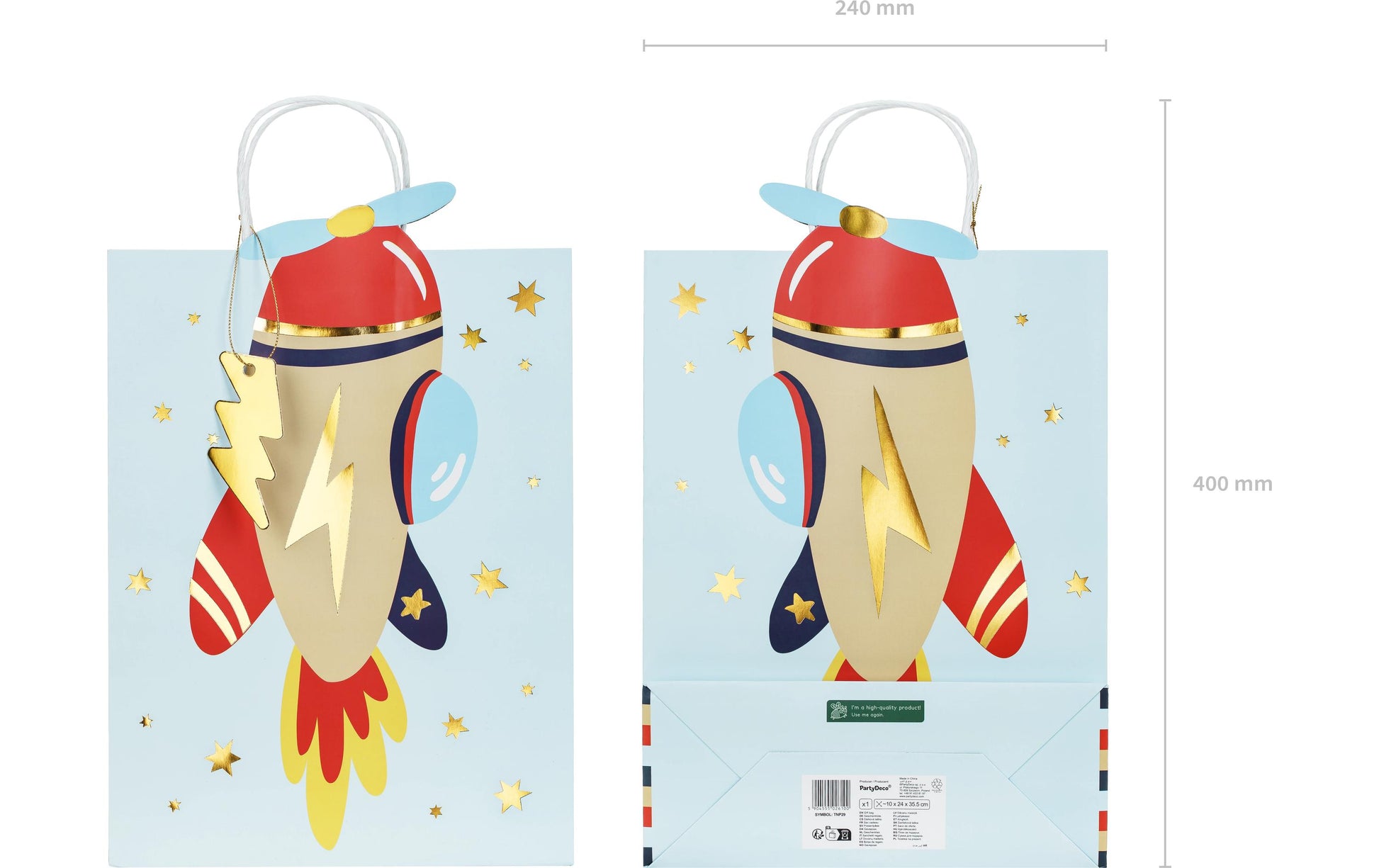 PartyDeco Geschenktasche Flugzeug, Motive sortiert – 100 × 240 × 355 mm – mit weissem Henkel – Mottoparty