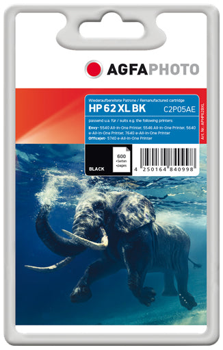 AgfaPhoto 62XL Schwarz Tintenpatrone (Kompatibel) – 600 Seiten – für HP 62 – C2P05AE