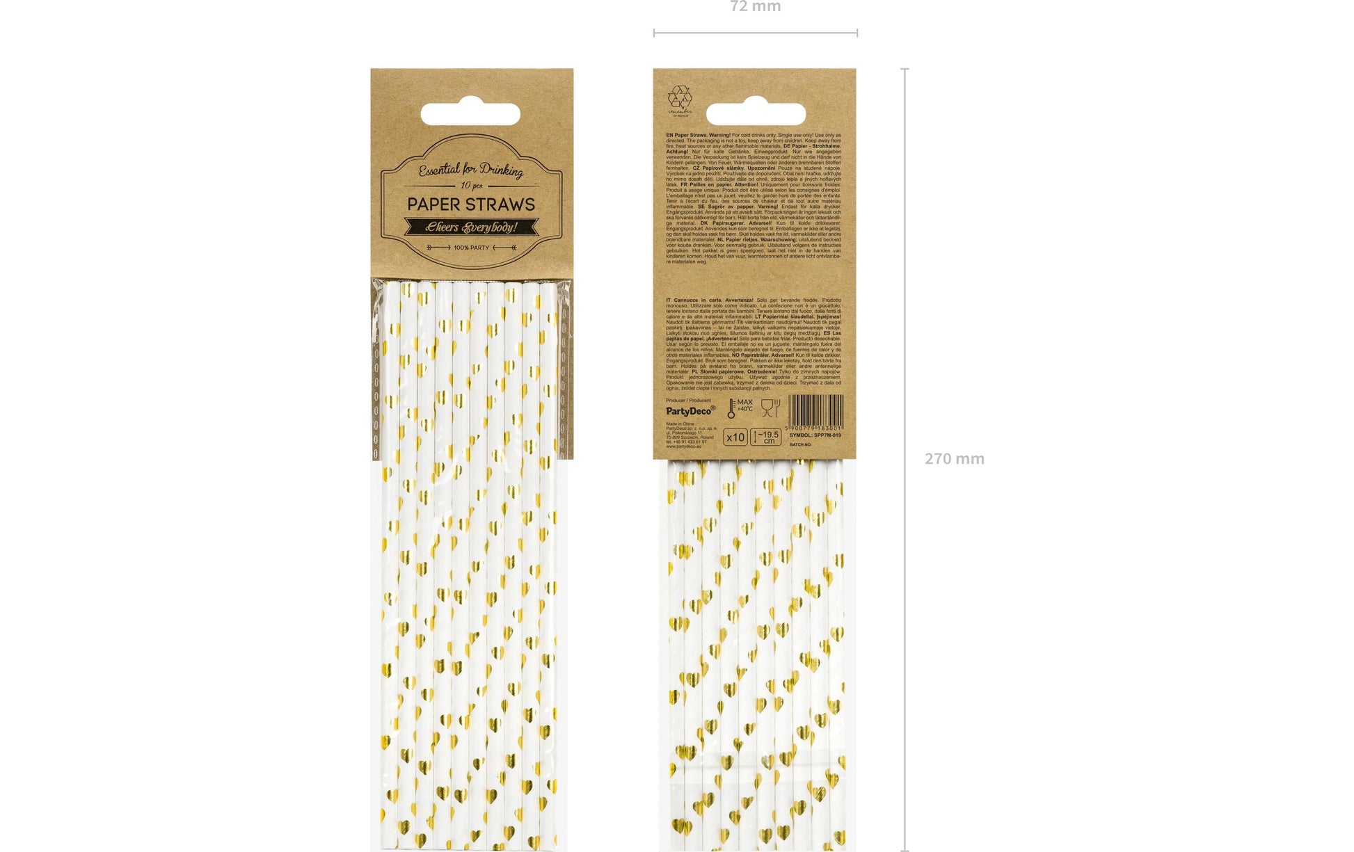 PartyDeco Papierstrohhalme, 19,5 cm, Gold/Weiss, Herz-Motiv – 10 Stk.