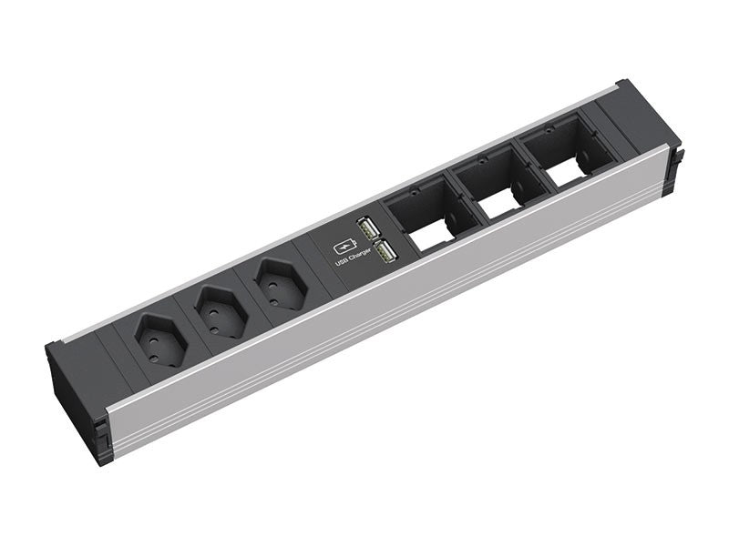 Bachmann CONI Einbausteckdosenleiste, 3×T13, 1×USB-Doppelcharger 5 V DC/3,1 A, Einbau, 0,2 m – Schwarz/Silber