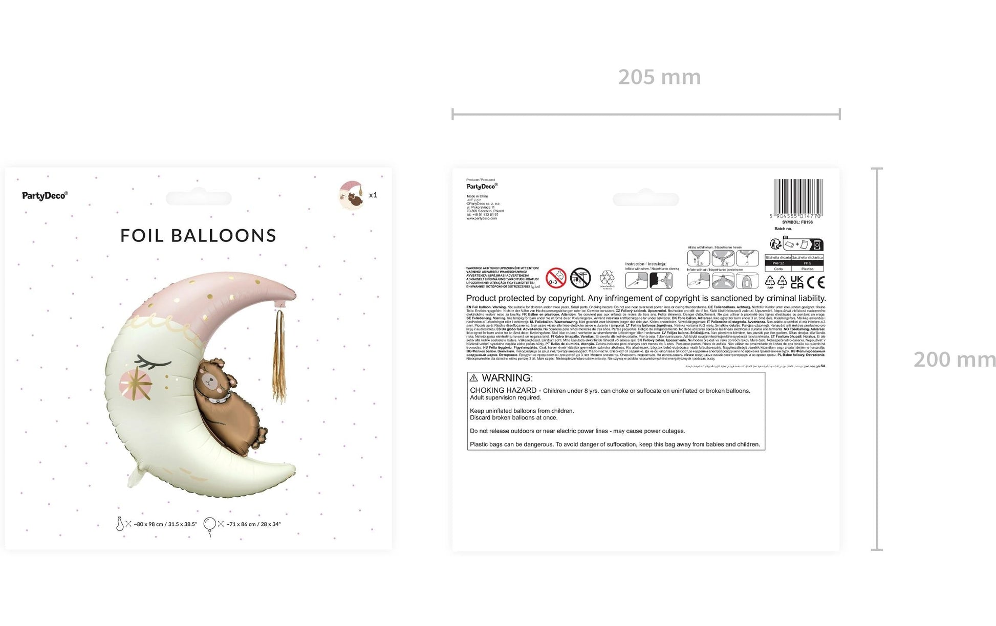 PartyDeco Folienballon Teddybär auf dem Mond – mehrfarbig – 71 × 86 cm – Folie – 1 Stk