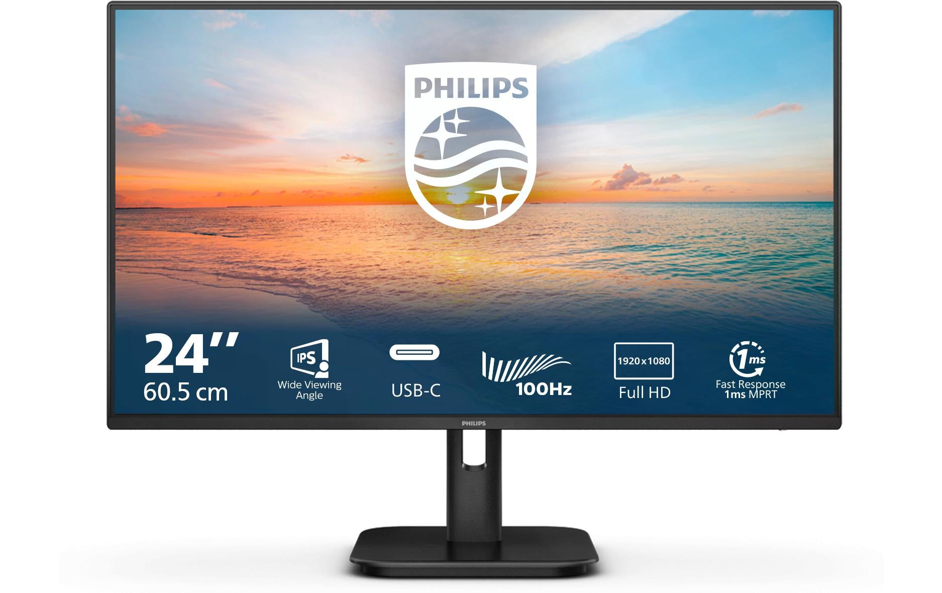 Philips 24E1N1300A/00 – Monitor, 23,8", IPS, 100 Hz, 250 cd/m², USB-C, Lautsprecher, VESA 100 × 100, Schwarz