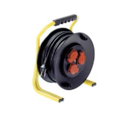 Bachmann Kabelrolle, 3×T13, IP20, ohne Kabel, Thermoschutz, Doppelrohrgestell – schwarz/gelb