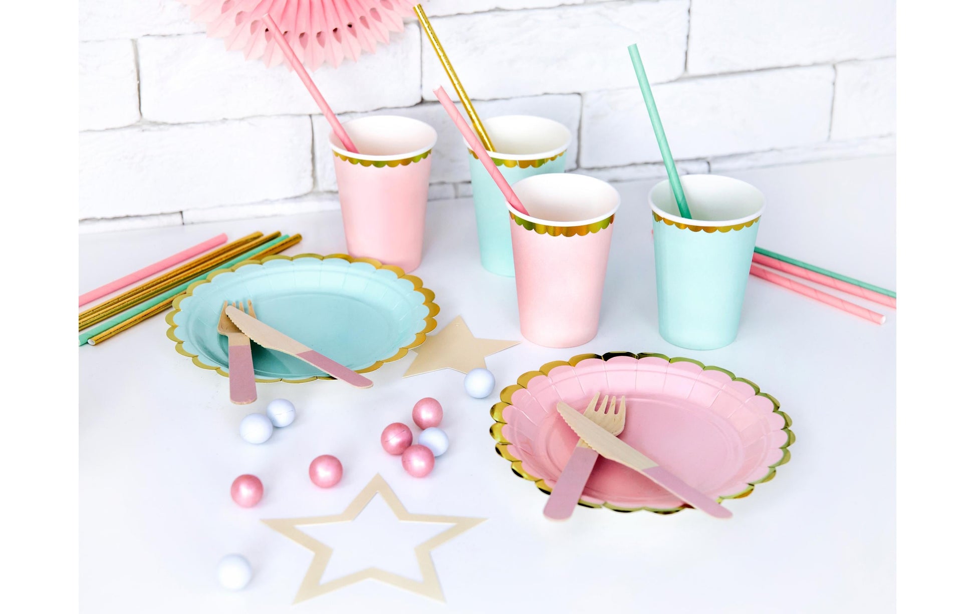PartyDeco Teller, Papier/Karton – Ø 18 cm, Rosa mit Goldrand – 6 Stk.