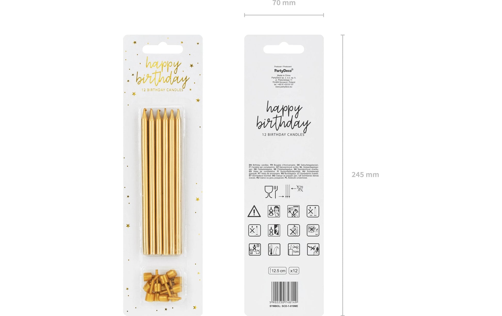 PartyDeco Kerzen – Gold – 12 cm – 12 Stk – mit Untertassen