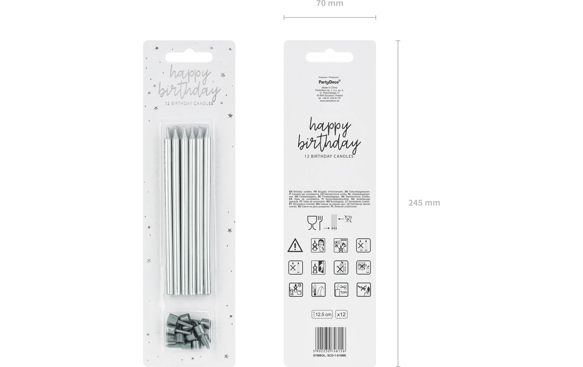 PartyDeco Geburtstagskerzen – Silber – 12,5 cm – 12 Stk – mit 12 Untertassen